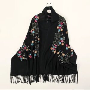 Luxury Black Cashmere & Wool Scarf – Floral Embroidered Fringe, Brand New